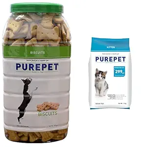 Purepet 100% Vegeterian Biscuit,Dog Treats- Jar, 905g & Purepet Kitten(1-12 Months) Dry Cat Food, Ocean Fish - 1.2kg