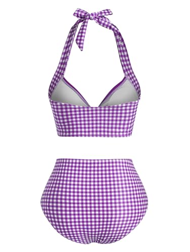 Image of 2 Pieces Bikini Set Retro Halter Plaid Swimsuit