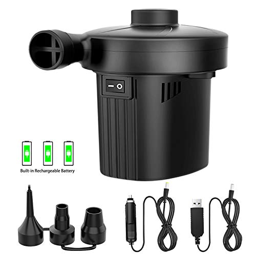 Acokki Bomba eléctrica portátil, bomba neumática eléctrica recargable con batería 1500 mh, bomba de aire eléctrica con 110-240 V con 3 boquillas para colchón hinchable, anillo de natación ECC