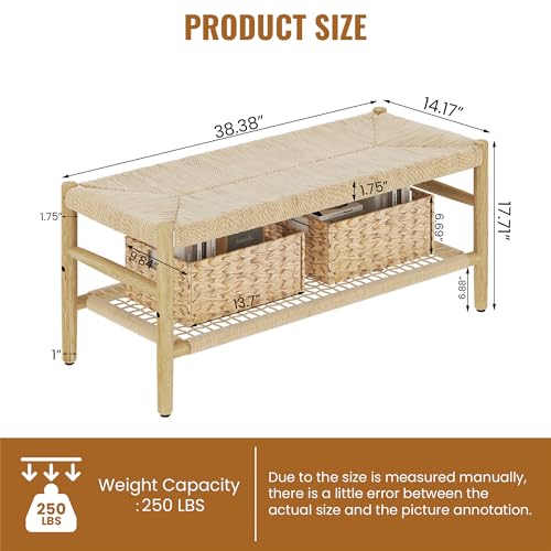 Recaceik-Indoor-Entryway-Bench-with-Paper-Cord-Ottoman-Grid-Storage-Rack-and-2-Baskets-Mid-Century-Long-Bench-with-Rubber-Wood-Legs-French-Vanity-End-Bed-Bench-for-Bedroom-Living-Room-Channel Recaceik Indoor Entryway Bench with Paper Cord Ottoman Grid Storage Rack and 2 Baskets Mid Century Long Bench with Rubber Wood Legs French Vanity End Bed Bench for Bedroom Living Room Channel