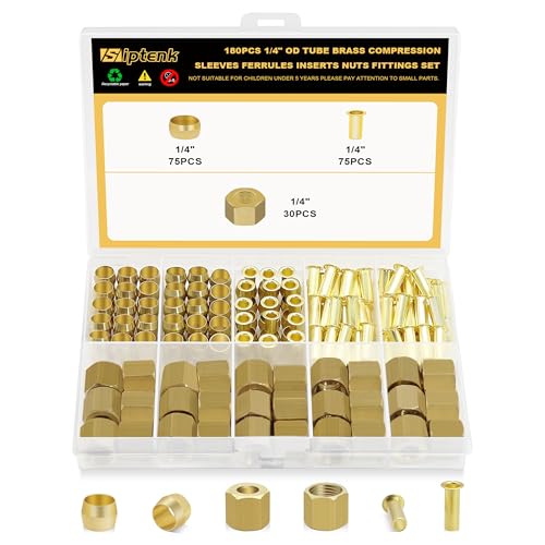 Image of Siptenk 180PCS 1 /4 inch Brass Compression Sleeves Ferrules & Inserts & Nuts