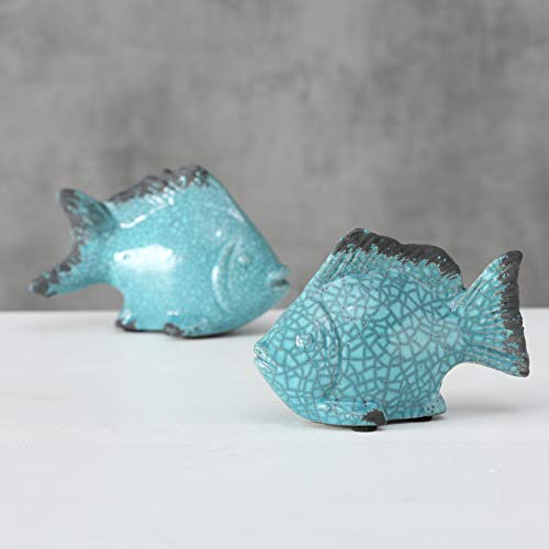 Whw Whole House Worlds Beach Chic Fish Sculptures, Set Of 2, Crackled And Worn Blue Glazed Over Terracotta, Each 6.0 L X 2.25 W X 4.0 H Inches, 0.75 Lbs #TOP2