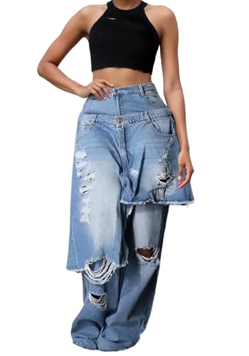 Women's Ripped Jeans Cargo High Waisted Tie Dye Boyfriend Jeans Loose Patchwork Denim Pants with Pocket