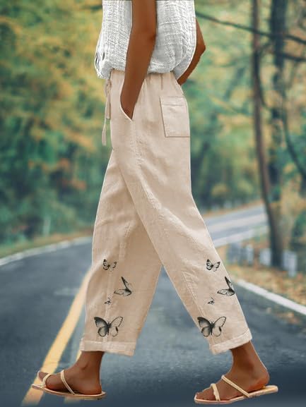 Linen Boho Pants for Women Butterfly Print Loose Casual Pants with Pockets Comfy Elastic Waist Lightweight Trousers - Image 3