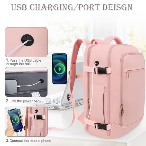 Image of Rinlist Travel Backpack, Large Backpack for Men Women, Flight-approved Carry-on Backpack, 40L Personal Item Travel Backpack, Travel Essentials, Pink