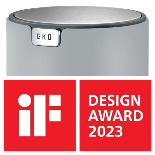 Image of EKO Mini Desk Trash Can with Swing-Top Lid 0.4 Gallon Small Table Round Wastebasket for Office, Home, Car (Grey)