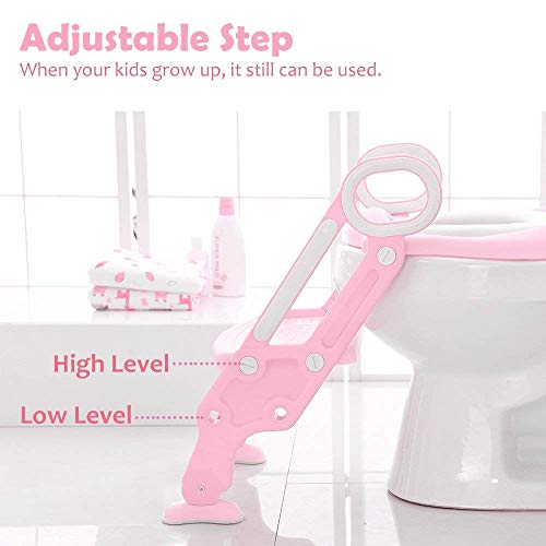 Potty Training Toilet Seat with Step Stool Ladder for Boys and Girls Baby Toddler Kid Children Toilet Training Seat Chair with Handles Padded Seat Non-Slip Wide Step (Pink White) - Thumbnail 5