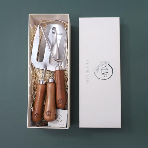 Yellow Brick Farm 3Pcs Gardening Tool Set (Trowel + Fork + Rake) with Wooden Handles and Stainless-Steel Head