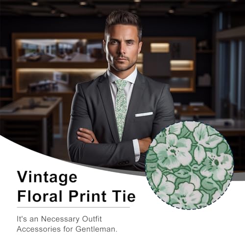 Image of Luckyvestir Ties for Men, Sage Green Cotton Floral Tie 2.76 inch Flower Printed Men's Neckties for Wedding /Groomsmen /Suit /Party