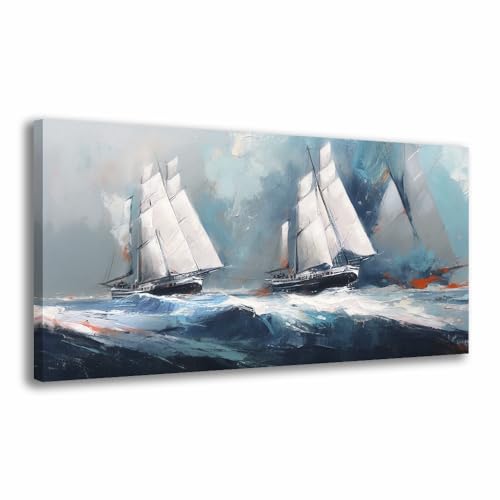 RUISHI Ocean Wall Art For Living Room Abstract Sailboat Canvas Nautical Painting Teal Blue Textured Print Coastal Themed Picture Artwork for Bedroom Bathroom Home Office Decoration 40L x 20W