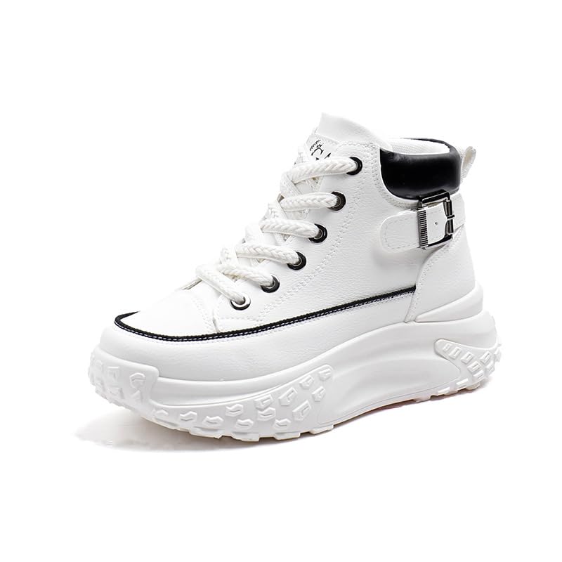 Comfortable High Top Platform Sneakers for Women - Trendy Lace Up Outdoor Shoes in Faux Leather