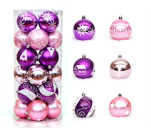KiKom 24pcs Boules De Noël 2.36" Boules Arbre De Noël en Peint Décoratives pour Mariage Noël Festival Décoratives 60mm (Rose Violet) Cover