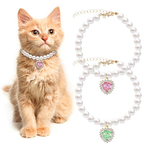 Tyqour 2PCS Kitten Collars Pearl Cat Dog Collar with Small Heart Shape Rhinestone, Cat Collars for Girl Cats, Adjustable Dog Pearl Necklace Collar for Small Dogs and Cats, Pink + Green