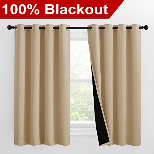 Image of NICETOWN Cold Reducing Curtains, Bedroom Full Blackout Curtain Panels, Great Job for Blocking Light, Complete Blackout Draperies with Black Liner for Night Shift (Biscotti Beige, Set of 2, 55 by 57)