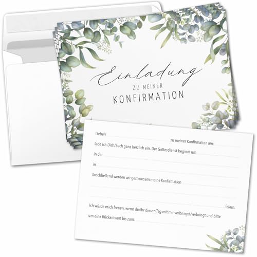 8 Einladungskarten Einladung Konfirmation mit Umschlag zum selber ausfüllen - Kirche Konfi Einladungen Postkarten Umschläge Modern Eukalyptus Edel