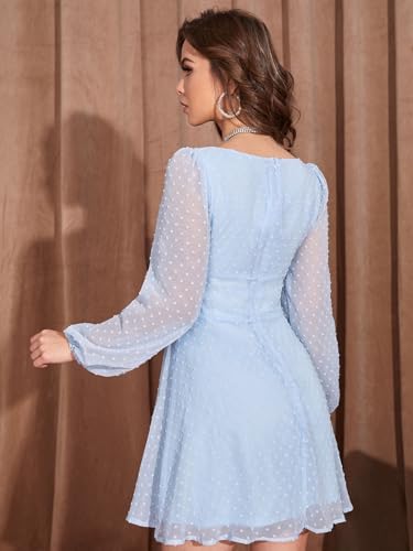 Image of Women's Polka Swiss Dots Square Neck Dress Lantern Long Sleeve Dress for Women Chiffon Mini Dress