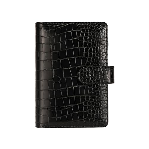 A6 6 Ring Budget Binder - Crocodile Pattern Leather Notebook Binder Small Refillable Planner Cover with Magnetic Buckle Black