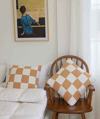 Repreconf Set Of 2 Ultra Soft Cozy Buffalo Checkerboard Fluffy Microfiber Checker Knitted Throw Pillow Cover Fleece Cushion Case Decorative For Sofa Couch Bed 18 Inches Both Sides (Khaki) #TOP2