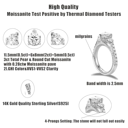DovEggs Moissaniote Rings for Women 3ct Total Center 5mm-6x8mm-5mm GHI Pear & Round Cut 3 Stone Vintage/Antique Moissanite Engagement Ring 14k Gold QUALITY Silver with Accents Band Width 2.5mm3