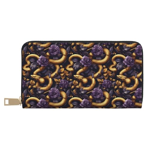 Leather Thin Slim Wallets for Women & Men - Golden Snake Purple Rose Print Card Wallet Holder with Zipper