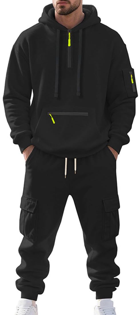 Survêtement Homme Hiver Veste à Zip avec Capuche Pantalon Jogging à Poche Ensemble 2 Pièces Chaud et Confortable