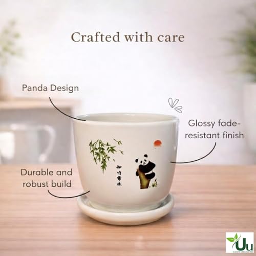 Image of Urban Upvan Panda Design Printed Ceramic Pot with Tray - Premium Decorative Planter for Indoor & Outdoor Plants, Modern Elegant Flower Pot for Home, Garden & Office