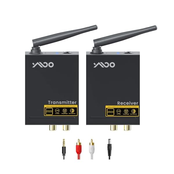 YMOO 2.4Ghz Wireless Audio Transmitter Receiver,48kHz/24bit HiFi Audio,20ms Ultra Low Latency,320ft Long Range RCA Jack Adapter for Speaker/soundbar to TV/PC/CD Player/Computer/Projector