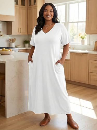 Image of All White Plus Size Maxi Tshirt Dress for Curvy Women Casual Summer Outfits Dresses Sundresses with Pockets 4XL