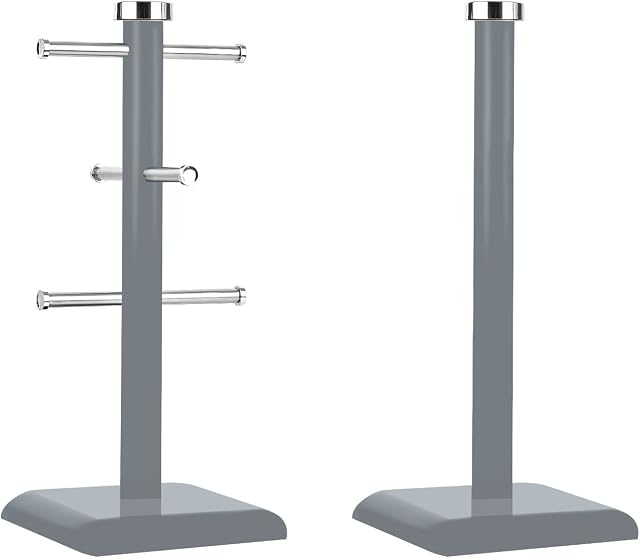 Royal Cuisine 6 Cup Mug Tree Stand and Linear Kitchen roll/Paper Towels Holder Stainless Steel - Coffee Tea Cups Mugs draining Rack| Kitchen Storage Accessories (Grey)