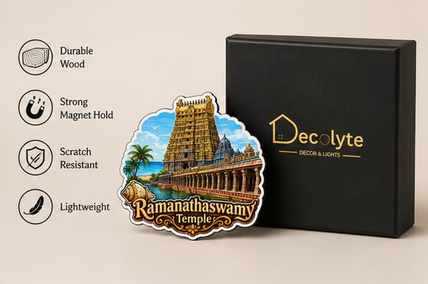 Image of Ramanathaswamy Temple Theme Wooden Fridge Magnet Souvenir | 3x3 in Kitchen Home Decor Gift