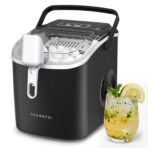 CROWNFUL Countertop Ice Maker with Handle Makes 9 Bullet Ice Cubes in 6 Minutes 12 kg/24 Hours Self-Cleaning Portable Ice Machine with Scoop and Basket for Home Kitchen Office and Parties