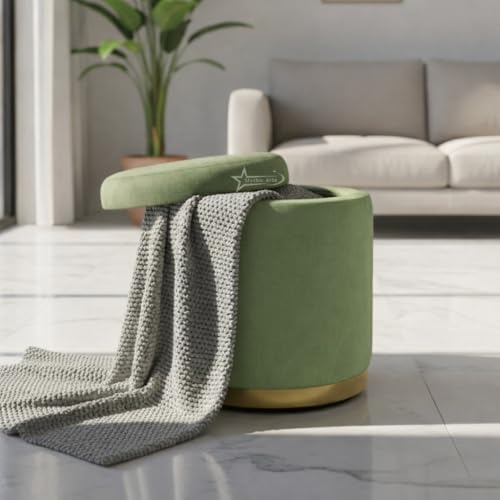Image of Velvet Round Single Strip Ottoman Office Stool Foot Rest Stool Velvet Fabric Padded Seat Pouf Ottoman 16 X 16X 19 inch, in Round Shape for Living Room Pista Green
