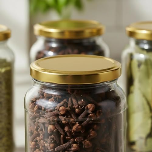 Image of STAR WORK 1000 Milliliter Glass Jar With Air Tight Gold Lid For Kitchen Dried Masla Storage Jar,Honey Jar,Jar And Container,Spice Masala Jar,Glass,Visible Glass Jar For Kitchen Storage Set Of (2)