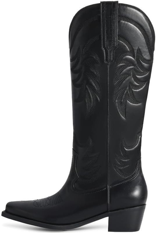 Women's Knee High Cowboy Boots Chunky Block Heel Pointed Toe Wide Calf Pull On Embroidered Western Party Concert Cowgirl Boots - Image 5