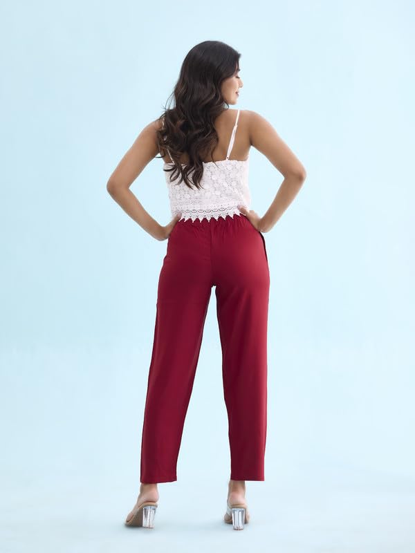 Image of GO COLORS Women Solid Mid Rise Relaxed Fit Viscose Casual Pants