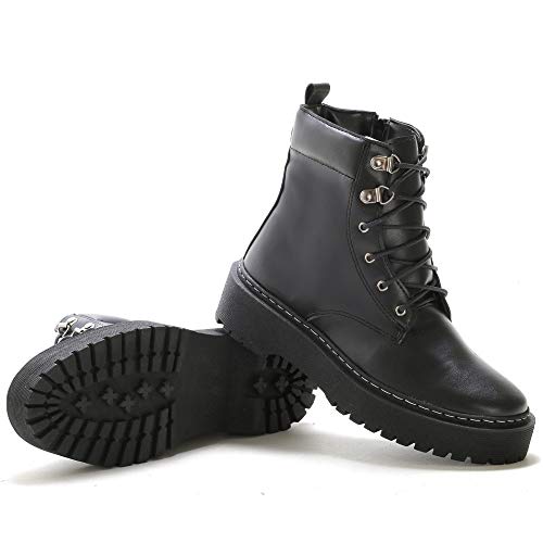 Bota Coturno Feminina Flatform Tratorada Cano Médio Zíper Casual Macia Cor:Preto;Tamanho:35