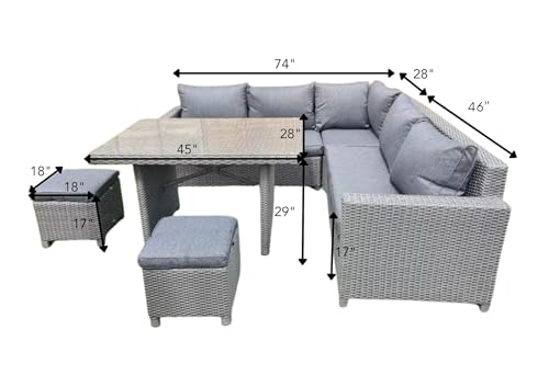 Image of DEVOKO 5 Piece Patio Furniture Set,All Weather Outdoor L Shape Sofa, Rattan Dining Conversation Sectional with Table, Ottomans in Grey Color for Porch, Garden