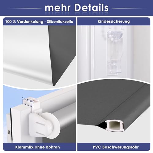 smartdemo Verdunklungsrollo ohne Bohren & mit Bohren, Klemmrollo Fensterrollo Dunkelgrau B115 x H130cm (Stoffbreite115cm)… – Ansicht 4