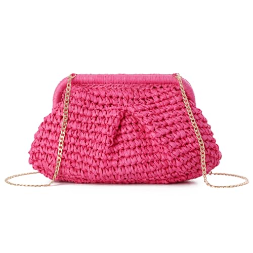 EVEOUT Pochette Femme en Paille Tressée Sac à Main en Forme de Ravioli en Raffia Boho Chic Sac de Soirée d’Été avec Chaîne pour Plage, Mariage &...