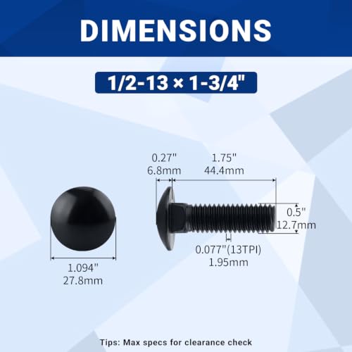 Image of 1 /2-13 x 1-3 /4 inch Black Carriage Bolts with Nuts and Washers Kits (8 Sets), 304 Stainless Steel 18 /8, Black Finish, Round Head, Square Neck, Heavy Duty Bolts, Indoor Outdoor Fastening Bolts, Fayeploo