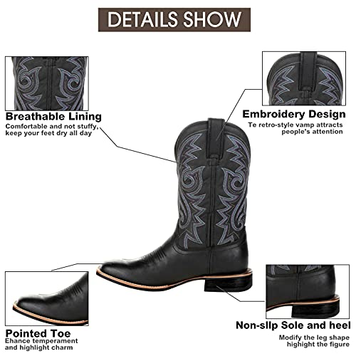 Western Boots Cowboy Boots for Men Square Toe Work Boots Chunky Heels Embroidered Western Boots Wide Calf Waterproof Leather Traditional Country Boot2