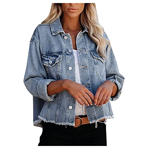 FYEGRE Damen Jeansjacke Kurze Übergangsjacke Leichte Jacke Denim Casual Damen Jeansjacke Oversize Damenjacke Denim Stretch Jeans Jacket Übergangsjacke Vintage Streetwear Jeansjacke Swing Mantel Cover