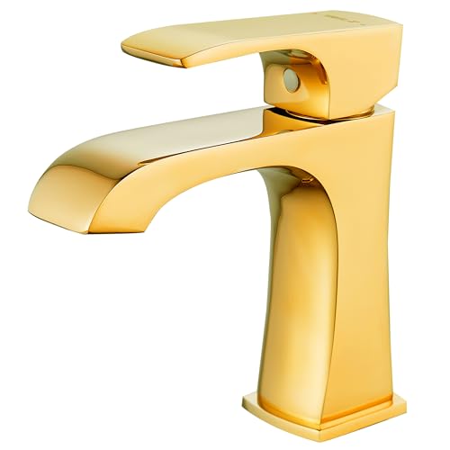 BELZ Grifo Lavabo Baño Oro Latón Monomando Cascada Moderno, con Mangueras de Conexión G3/8’’