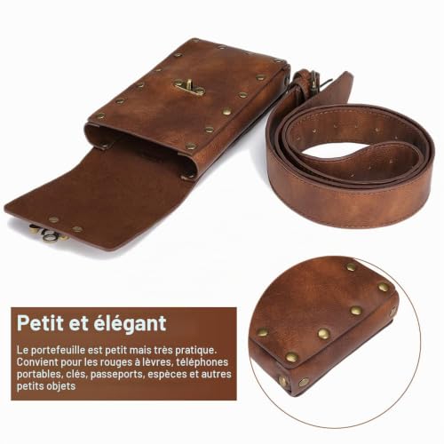 NIUBB Sac Banane Tactique Sac à Jambes Steampunk pour Femme Sac Ceinture Taille en Cuir PU Sac à Bandoulière Réglable pour Randonnée Camping Moto Vélo Sport Voyage Marron – vue 3