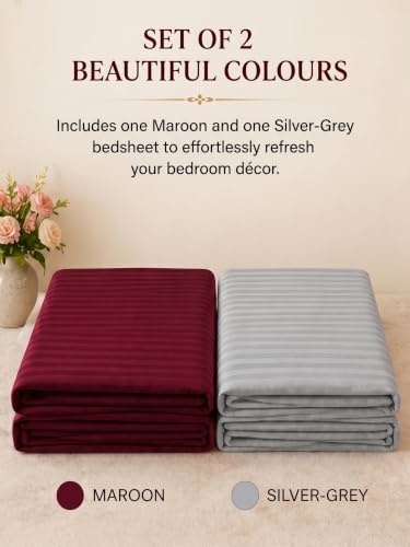 Image of Mafatlal 210 TC Italian Stripe Single Bedsheet Set with Pillow Cover (60 x 90 Inches) | 100% Cotton | Hotel Collection | Soft Breathable Flat Bed Sheet | Grey N Maroon