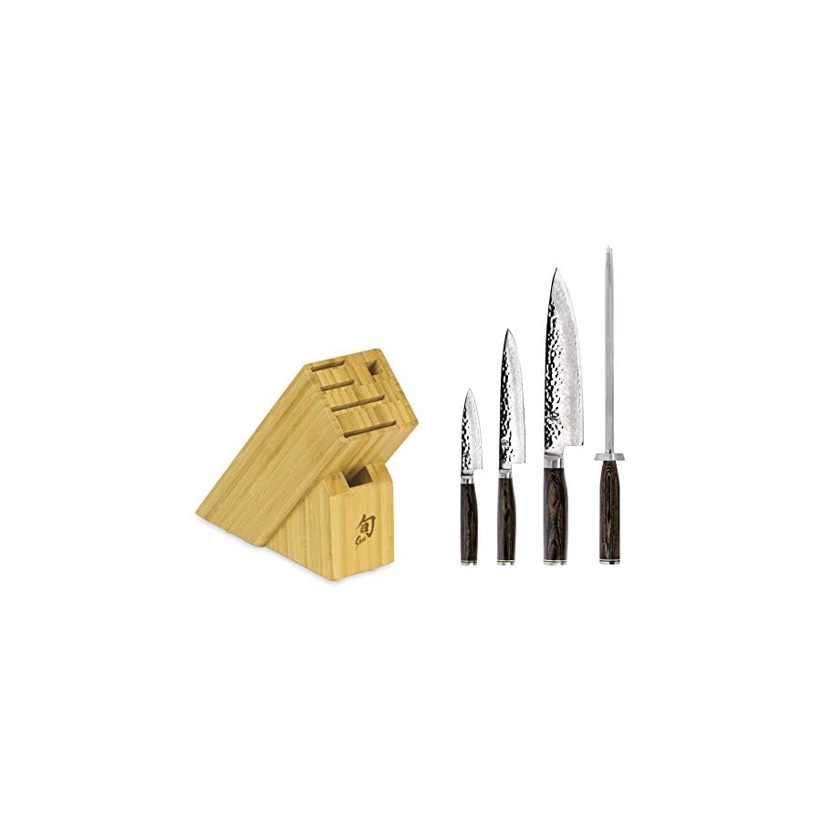 Shun-Premier-5-Piece-Starter-Block-Set-Includes-8-Chefs-Knife-4-Paring-Knife-65-Utility-Knife-Honing-Steel-Slimline-Bamboo-Knife-Block-Handcrafted-Japanese-Knife-Set-Pakkawood-Handles Shun Premier 5 Piece Starter Block Set, Includes 8" Chef's Knife, 4" Paring Knife, 6.5" Utility Knife, Honing Steel & Slimline Bamboo Knife Block, Handcrafted Japanese Knife Set, Pakkawood Handles