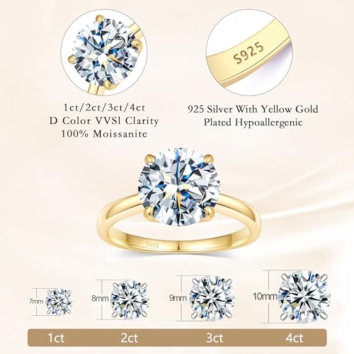 2CT Round Moissanite Engagement Ring for Women,S925 Sterling Silver Solitaire Moissanite Ring with 18K Yellow Gold Plated,D Color VVS1 Anniversary Wedding Band Size6.52