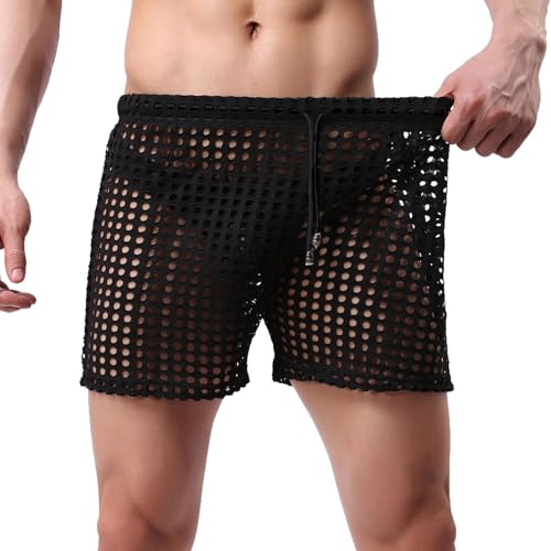 Mens Sexy Hollow Out Mesh Shorts Valentine's Day Pajamas Shorts Drawstring Elastic Waist Lounge Short Pants