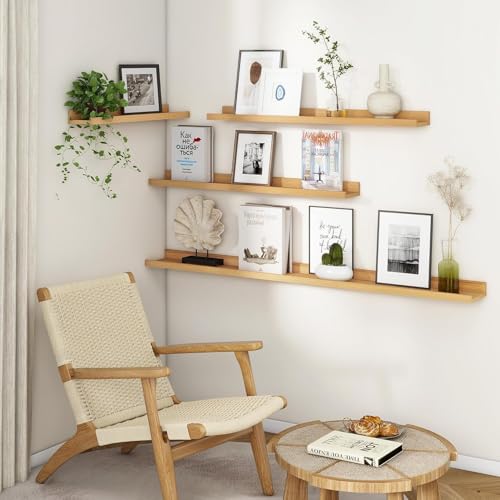 Image of Genuine Decor 56 Inch Natural Wood Wall Mounted Shelf, Long Display Shelf