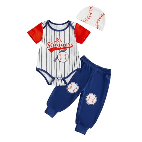 Honganda Infant Baby Boy Baseball Outfits Letter Print Striped Romper Bodysuit with Pants Hat 3Pcs Summer Clothes Set (Blue 3-6 Months)